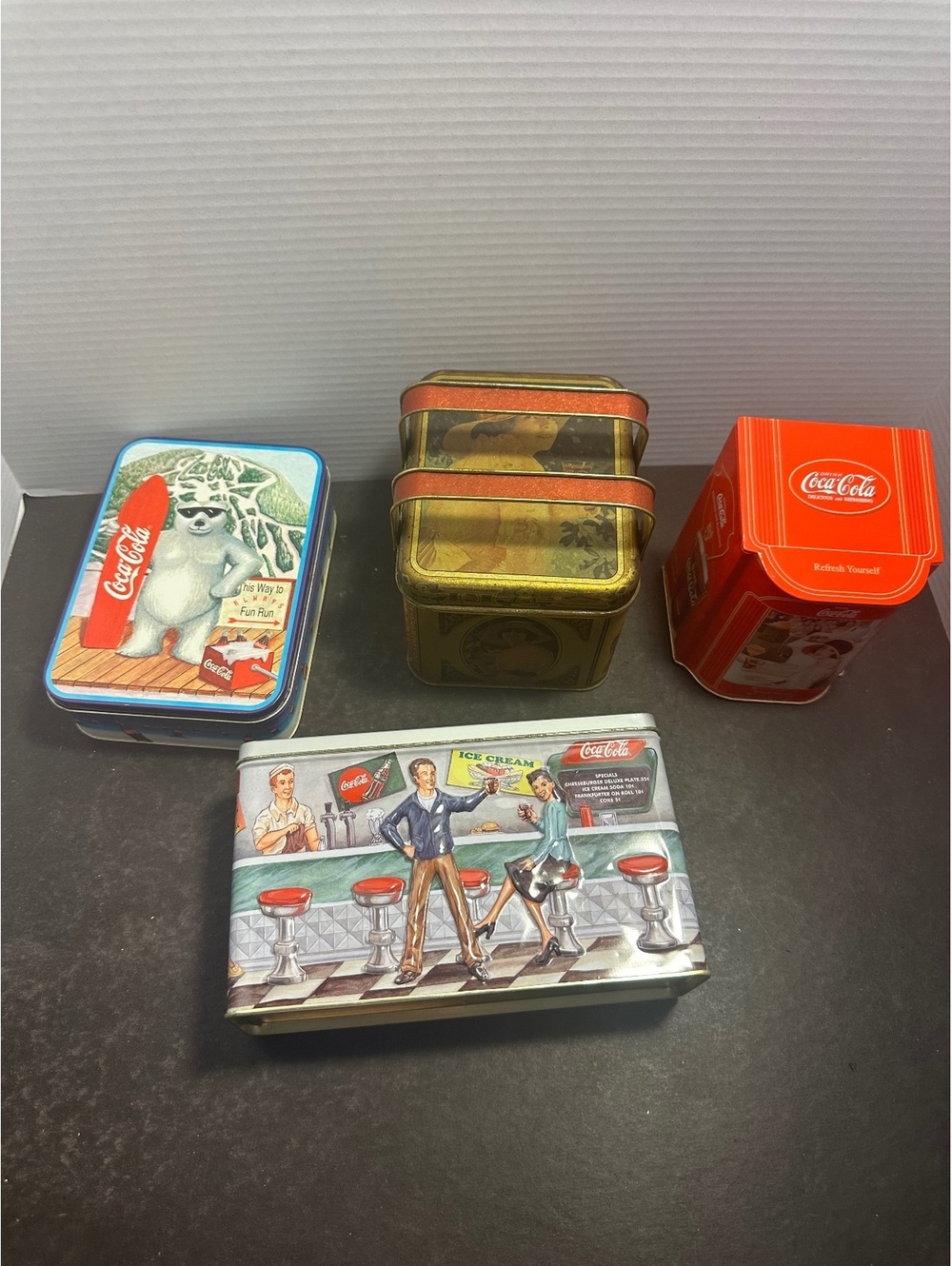 4 Coca Cola collectible metal tins vintage style advertising lot